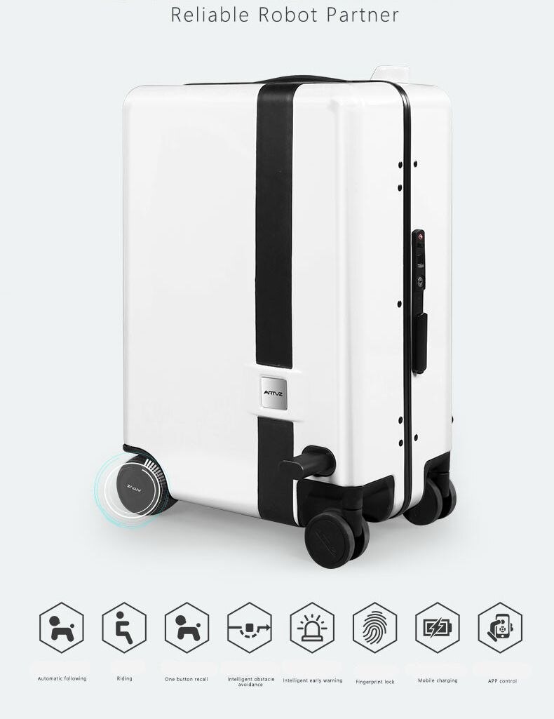 Ride-On and Self-Follow Smart Luggage with Obstacle Avoidance Multi-function electric Riding Trolley Intelligent Carry on Robot