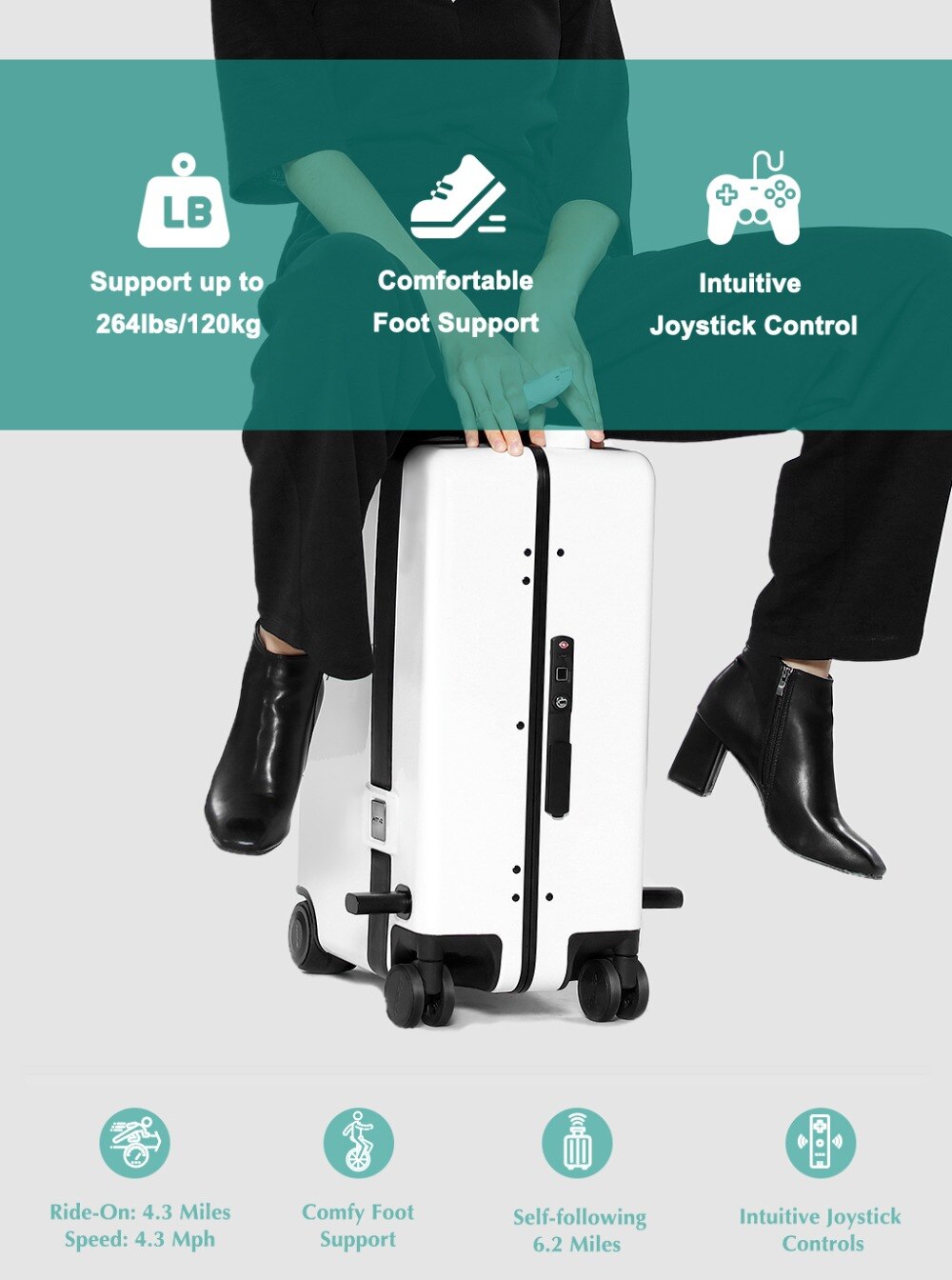 Ride-On and Self-Follow Smart Luggage with Obstacle Avoidance Multi-function electric Riding Trolley Intelligent Carry on Robot